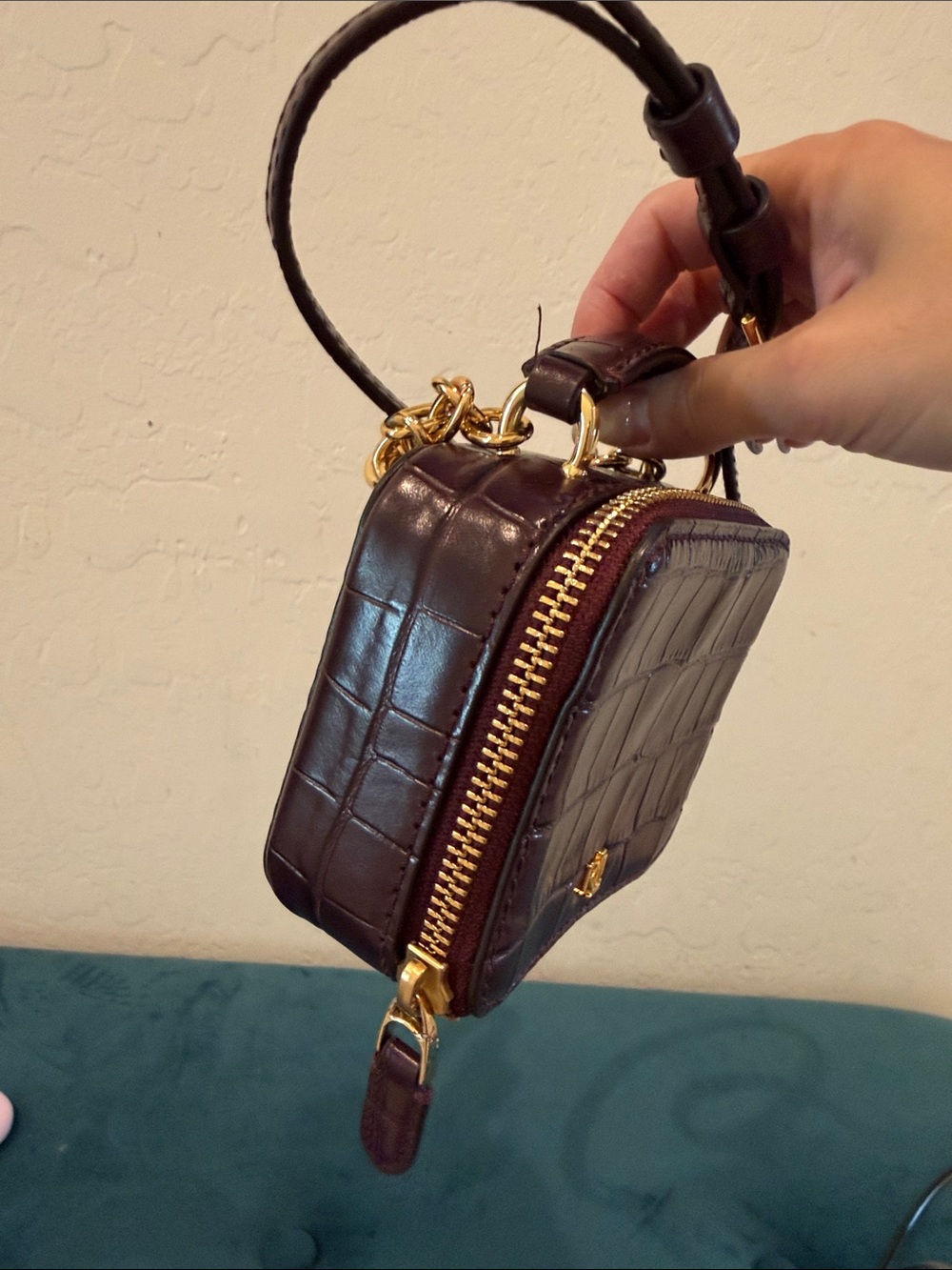 Ralph Lauren Dark Brown Croc-Embossed Mini Crossbody Wallet - Picture 2 of 6